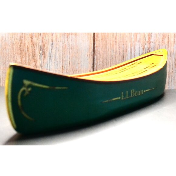 LL Bean Cribbage Board Green With Design Work Wood Top Pegs Included Canoe Shape - Picture 2 of 5